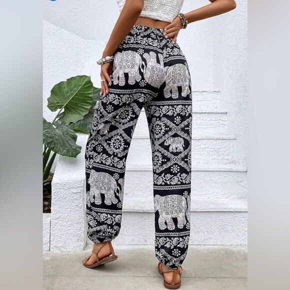 Women's Elephant Print Jogger Pants ~ palazzo for Women Navy / Cream - Picture 7 of 8